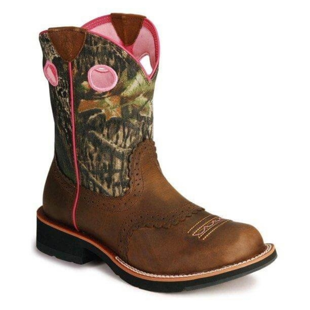 Ariat Fatbaby Brown Leather & Pink Camouflage Western  Pull-on Cowgirl Boots 7½